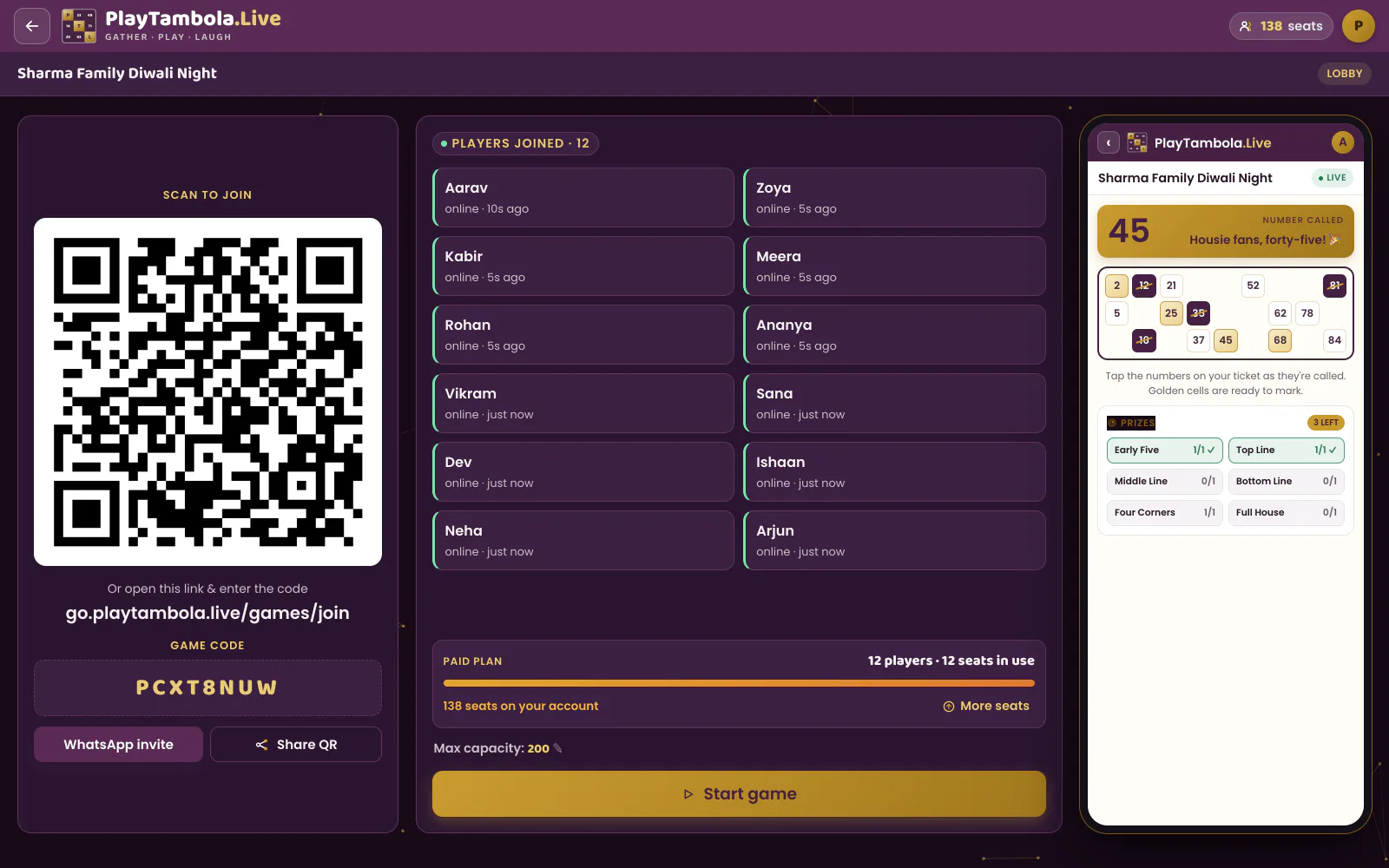 Game lobby showing the join QR code, game code and players who have joined