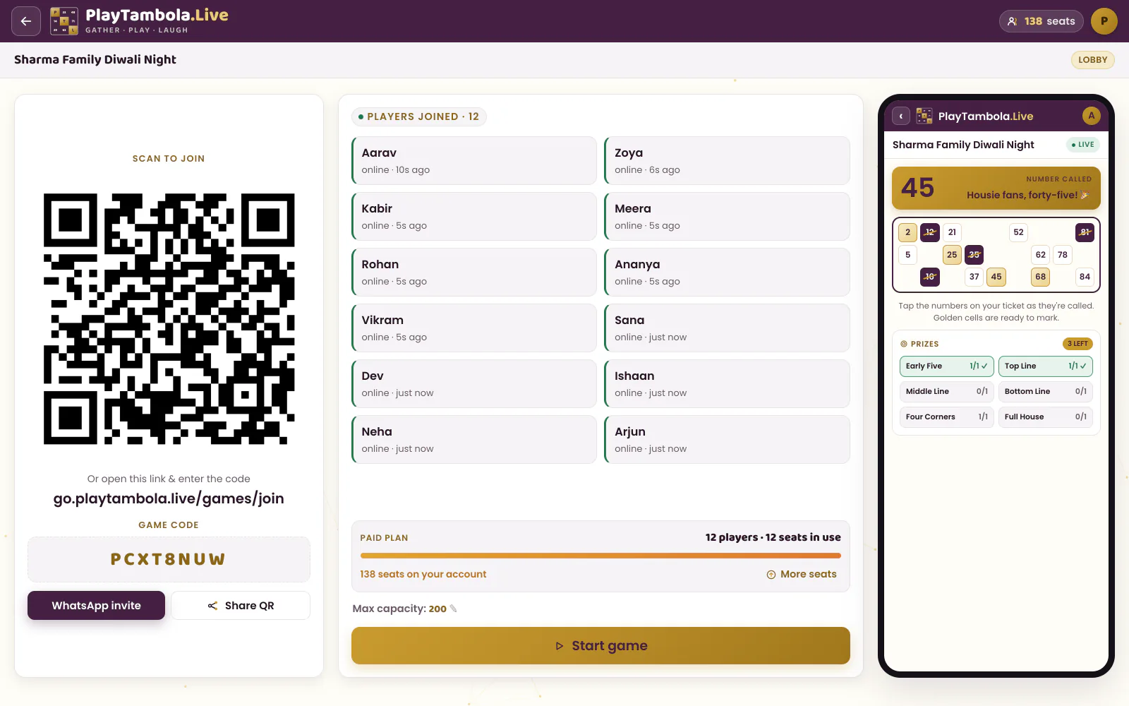 Game lobby showing the join QR code, game code and players who have joined