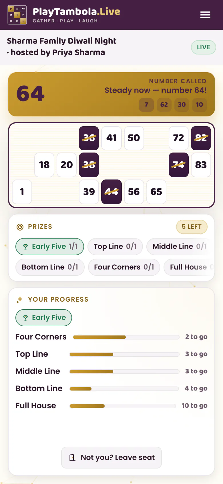 A player’s tambola ticket on a phone, with called numbers tapped and crossed off