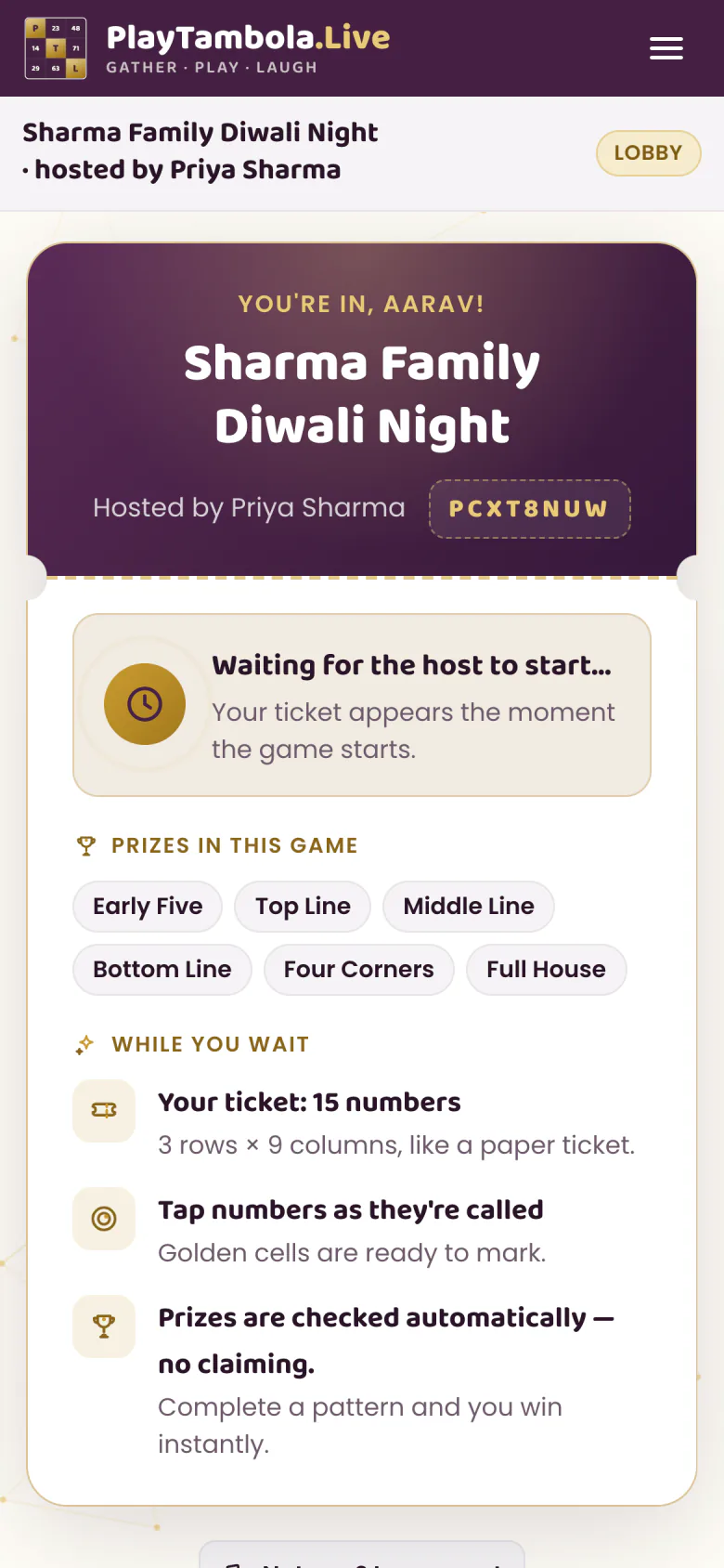Phone waiting room showing the player’s ticket before the game starts