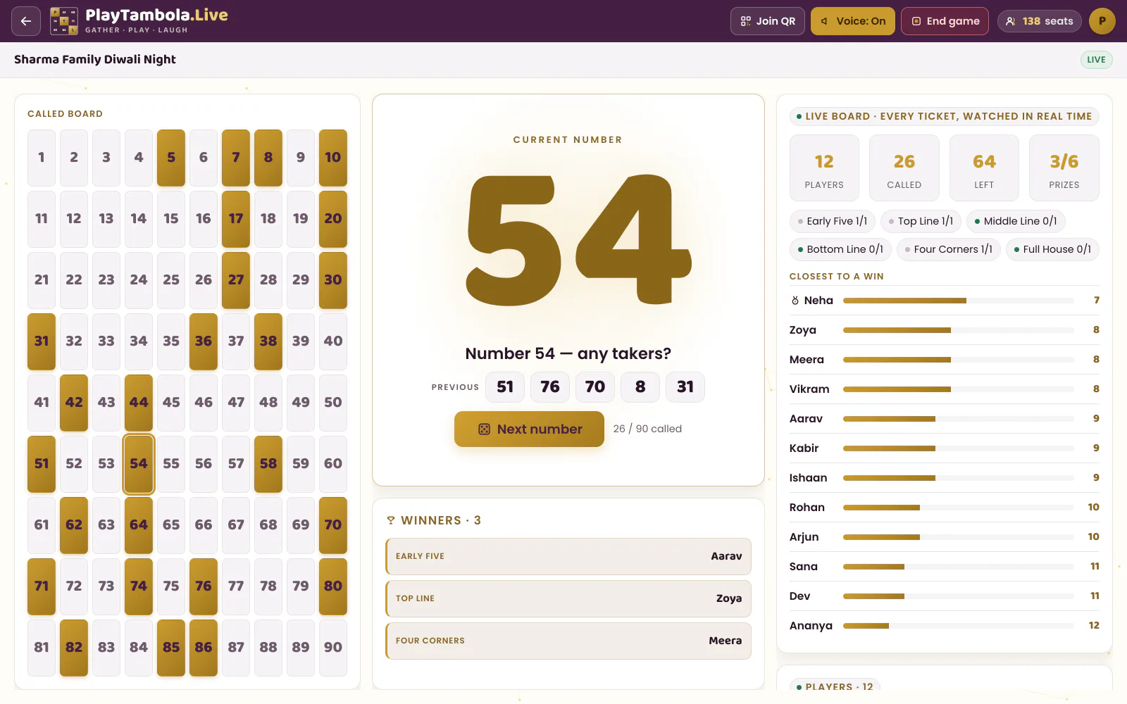 PlayTambola.Live big-screen view during a live game: the called number shown huge with the board of called numbers